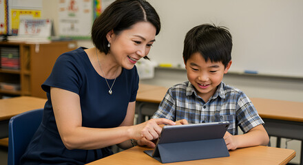 Asian teacher assisting a student using a tablet in elementary school class