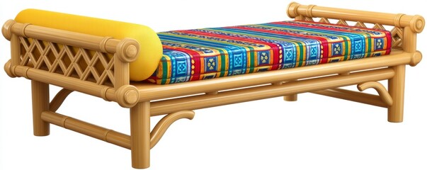 Bohemian Style Bamboo Daybed with Multicolored Cushion and Yellow Pillow