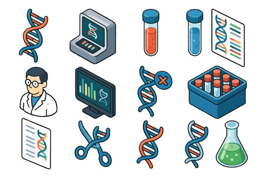 Set lab icon gene report sequencer tool biohacking storage laboratory helix vector