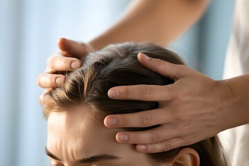 Fototapeta premium Macro shot of female scalp massage with hands gently parting hair soft natural light relaxation and wellness care