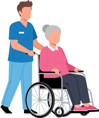 Illustration of a male nurse pushing an elderly female patient in a wheelchair, symbolizing senior care and mobility assistance.