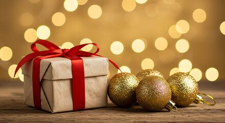 Seasonal joy: a wrapped gift and sparkling ornaments creating a festive mood.

