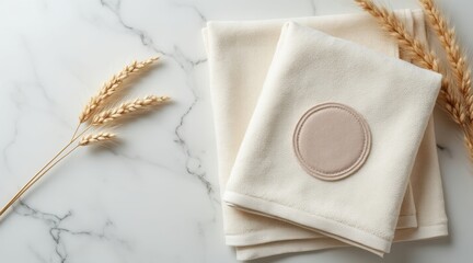 Soft textured towels with dried wheat stalks on a marble surface