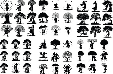 Girl Hugging Tree Silhouette Icon Set Eco Love Nature Girl Silhouette Design