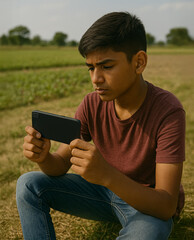 Teenage Boy Watching Video on Smartphone in Rural Field