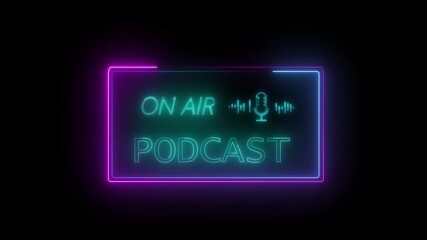 Animated podcast intro with cyberpunk neon colors for digital media and broadcast. Modern technology digital art featuring glowing teal purple podcast graphics.