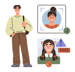 Young man standing calmly beside facial recognition scans, showing a verified authentic face and a flagged fake face. Ideal for identity verification, AI, security, fraud prevention, technology