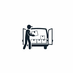 Fototapeta premium Icon of a delivery worker loading cardboard boxes into a transport van. Pictogram for shipping and logistics services.