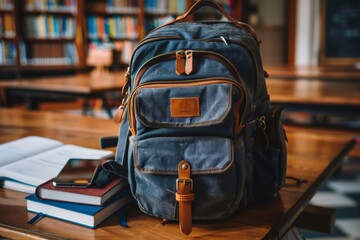 Sturdy canvas backpack resting on library table with books and smartphone