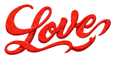 Vector illustration of the word Love in red with a heart-shaped outline, on a transparent background.