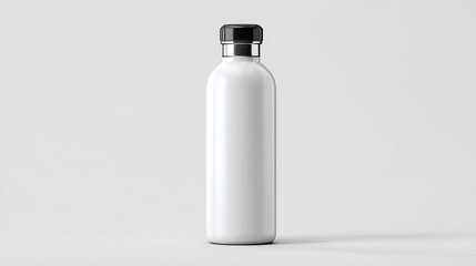 Minimal white reusable water bottle with glossy reflection on neutral background – eco-friendly drinkware mockup for branding and product design