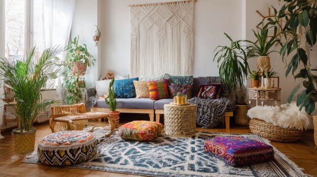 boho living room interior with colorful pillows, patterned rugs, eclectic furniture, macrame wall decor, lots of plants, cozy and artistic vibe 