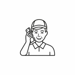 Vector line icon of a friendly man in a cap making a phone call. Communication and customer service concept.