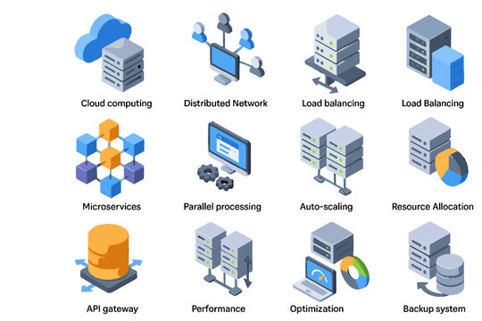 Allocation icons balancing scalable backup network performance microservices cloud icon vector distributed