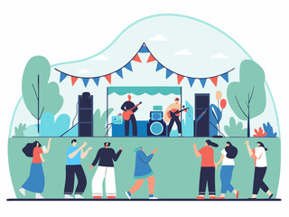 Naklejka premium Outdoor music festival with band performing on stage and people enjoying the concert