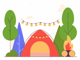 Camping in the Woods with Tent Bonfire and String Lights Illustration Design