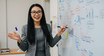 Enthusiastic businesswoman presenting business data analysis on a whiteboard