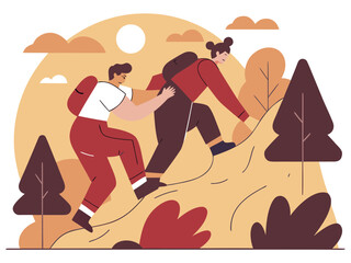 Obraz premium Couple Hiking Together in Nature Helping Each Other Climb Up a Hill Vector Illustration