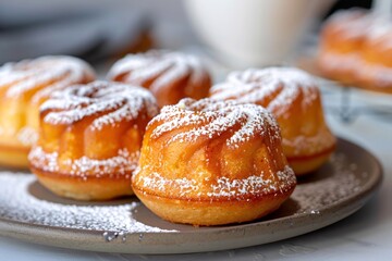 Delicious homemade muffins covered with powdered sugar sitting on a plate