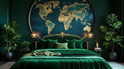 luxurious bedroom interior design with world map 