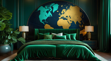 luxurious bedroom interior design with world map 