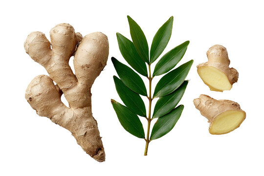 Fresh ginger root and leaves, top view