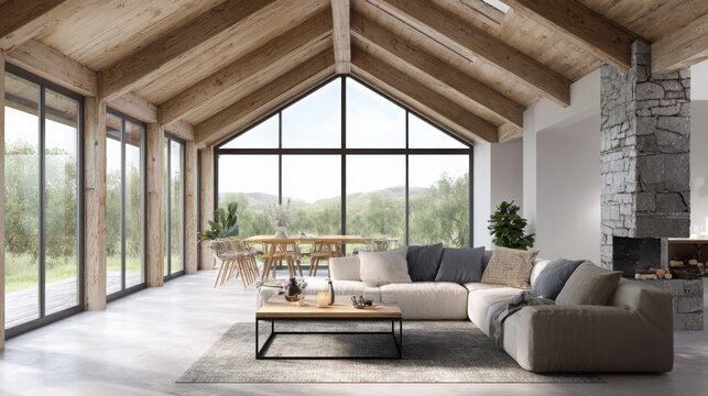 countryside house interior, panoramic windows, natural wood and stone, open-plan living area, cozy minimalism, sunlight-filled, modern rustic style 