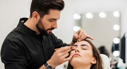 Male beautician shaping a woman's eyebrows with a brush in a beauty salon