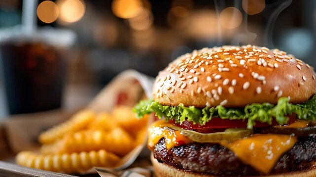 Photorealistic Cheeseburger Meal on Wooden Tray/木製トレイのフォトリアリスティックなチーズバーガーセット4