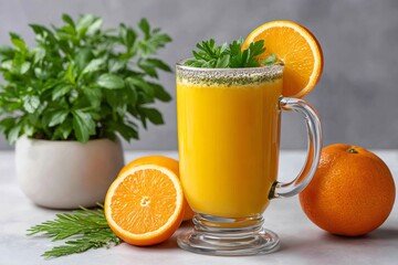 Glass of refreshing orange juice with chia seeds and parsley is waiting on the table