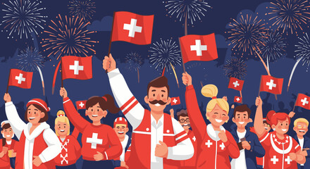 Joyful Swiss crowd celebrates national holiday with flags and fireworks