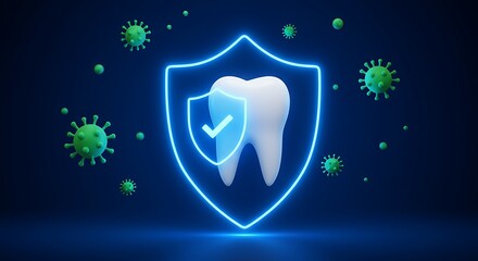 Fototapeta premium A tooth protected by a glowing blue shield surrounded by virus, implying dental healthcare.