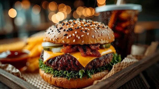 Photorealistic Cheeseburger Meal on Wooden Tray/木製トレイのフォトリアリスティックなチーズバーガーセット5