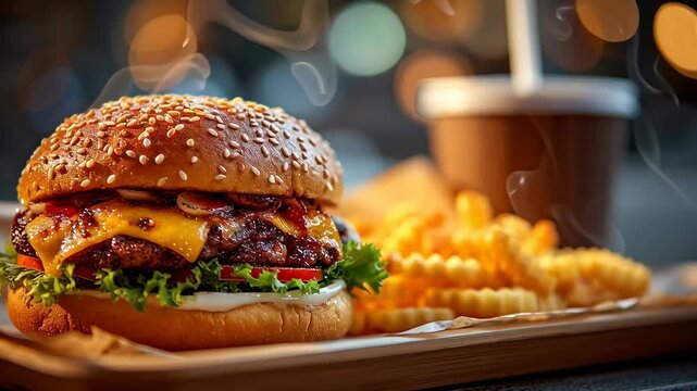 Photorealistic Cheeseburger Meal on Wooden Tray/木製トレイのフォトリアリスティックなチーズバーガーセット6