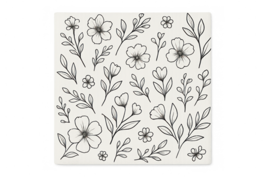 Delicate watercolor flowers and leaves intertwining on transparent surface, creating intricate organic botanical design