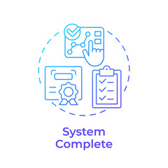 System complete blue gradient concept icon. Product certification. Technology readiness level. Deployment stage. Round shape line illustration. Abstract idea. Graphic design. Easy to use in brochure