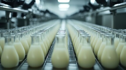 Obraz premium Bottles of Milk on Production Line in Dairy Processing Factory
