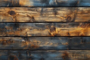 Close up of a rustic wooden plank wall with dark burn marks