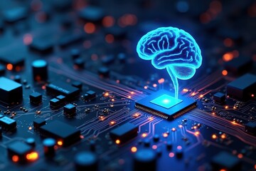 Glowing blue brain symbol rises from advanced computer circuit board