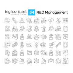 Research and development management line icons set. Organization development strategy. Business innovation. Isolated vector outline illustrations. Thin lineart iconset symbols. Editable stroke