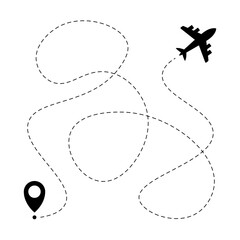 Airplane line path routes. Travel vector icon. Travel from start point and dotted line tracing. Plane routes flight air dotted isolated illustration.