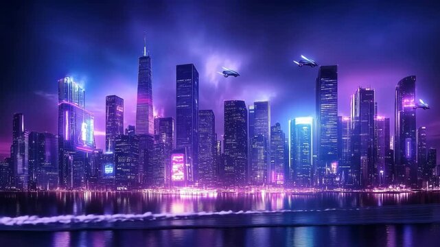 Glowing futuristic city skyline in neon colors with animated lighting effects and reflections, representing modern digital urban life, nightlife, and cyber-inspired visuals