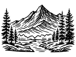 Black and White Mountain Landscape Vector, Bold Line Art Forest and River Illustration