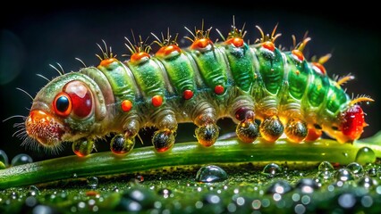Vibrant green caterpillar with orange spines crawling on dewy green leaf