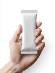 Hand holding blank white snack bar or cookie packaging mockup, clean isolated transparent background, foil wrapper ready for branding and product design, cookies, energy supplements