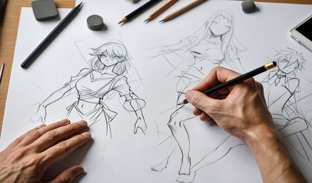 Observing the Artistic Process of Creating Dynamic Anime Character Sketches on Paper - Powered by Adobe