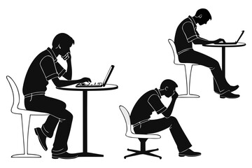 Conceptual illustration of workplace stress and professional burnout. A set of silhouettes of a man showing fatigue and despair from overworking.
