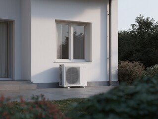 Outdoor air conditioning unit on modern house facade, symbol of energy-efficient HVAC technology and sustainable residential cooling solution, sustainable living