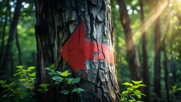 Forest Navigation Arrow Painted on Tree with Cinematic Lighting - Powered by Adobe