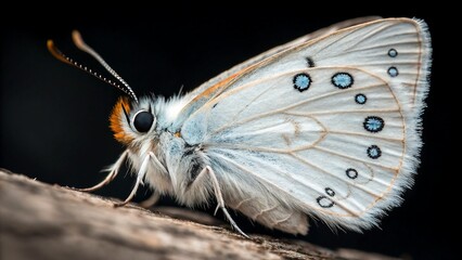 Delicate pale blue butterfly with striking black ringed spots rests on a textured surface
